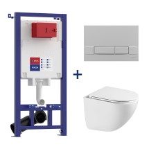 Комплект 3в1: Инсталляция Lemark PENEDA для унитазов с кнопкой смыва BIT хром матовый + унитаз подвесной безободковый GLAZER Торнадо белый глянец — 