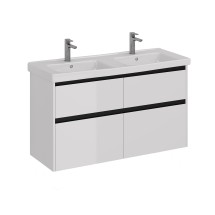 Тумба Lemark COMBI 125 см под 2 раковины, подвесная/напольная,4 ящика, цвет планки: Чёрный, цвет корпуса, фасада: Белый глянец — 