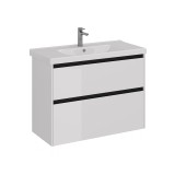 Тумба Lemark COMBI 100 см под 1 раковину, подвесная/напольная, 2 ящика, цвет планки: Чёрный, цвет корпуса, фасада: Белый глянец — 