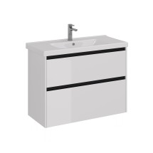 Тумба Lemark COMBI 100 см под 1 раковину, подвесная/напольная, 2 ящика, цвет планки: Чёрный, цвет корпуса, фасада: Белый глянец — 