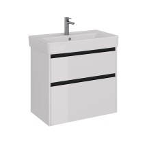 Тумба Lemark COMBI 80 см под 1 раковину, подвесная/напольная, 2 ящика, цвет планки: Чёрный, цвет корпуса, фасада: Белый глянец — 