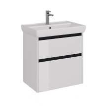 Тумба Lemark COMBI 70 см под 1 раковину, подвесная/напольная, 2 ящика, цвет планки: Чёрный, цвет корпуса, фасада: Белый глянец — 