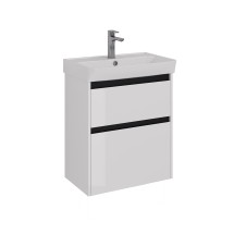 Тумба Lemark COMBI 60 см под 1 раковину, подвесная/напольная, 2 ящика, цвет планки: Чёрный, цвет корпуса, фасада: Белый глянец — 