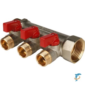 Stout Коллектор с шаровыми кранами 1", 3 отвода 1/2" (красные ручки)  (SMB 6210 011203)