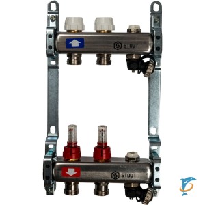 Stout Коллектор из нержавеющей стали с расходомерами, с клапаном вып. воздуха и сливом 2 вых. (SMS-0927-000002)