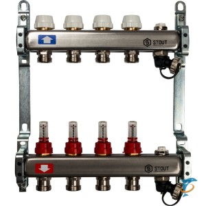 Stout Коллектор из нержавеющей стали с расходомерами, с клапаном вып. воздуха и сливом 4 вых.  (SMS-0927-000004)