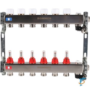 Коллектор из нержавеющей стали с расходомерами ROMMER, с клапаном вып. воздуха и сливом 6 вых. RMS-1201-000006  (RMS-1201-000006)