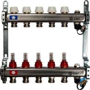 Stout Коллектор из нержавеющей стали с расходомерами, с клапаном вып. воздуха и сливом 5 вых.  (SMS-0927-000005)