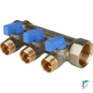 Stout Коллектор с шаровыми кранами 1", 3 отвода 1/2" (синие ручки) (SMB 6211 011203)