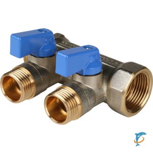 Stout Коллектор с шаровыми кранами 3/4", 2 отвода 1/2" (синие ручки) (SMB 6211 341202)