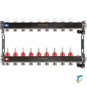 Коллектор из нержавеющей стали с расходомерами ROMMER, с клапаном вып. воздуха и сливом 9 вых. RMS-1201-000009 (RMS-1201-000009)
