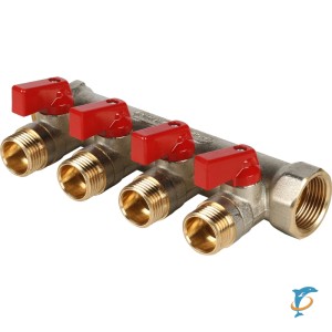 Stout Коллектор с шаровыми кранами 3/4", 4 отвода 1/2" (красные ручки)  (SMB 6210 341204)