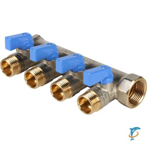 Stout Коллектор с шаровыми кранами 3/4", 4 отвода 1/2" (синие ручки) (SMB 6201 341204)