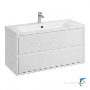 Тумба с раковиной Aquaton Римини 100 белая глянец с раковиноый Aquaton Премьер М 100 (1A232801RN010 + Aquaton_1A70473KPR010)