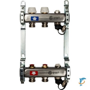 Stout Коллектор из нержавеющей стали без расходомеров, с клапаном вып. воздуха и сливом 2 вых. (SMS-0932-000002)