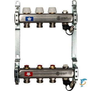 Stout Коллектор из нержавеющей стали без расходомеров, с клапаном вып. воздуха и сливом 3 вых.  (SMS-0932-000003)