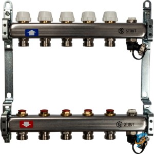 Stout Коллектор из нержавеющей стали без расходомеров, с клапаном вып. воздуха и сливом 5 вых. (SMS-0932-000005)