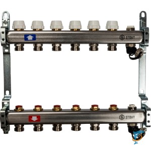 Stout Коллектор из нержавеющей стали без расходомеров, с клапаном вып. воздуха и сливом 6 вых.  (SMS-0932-000006)