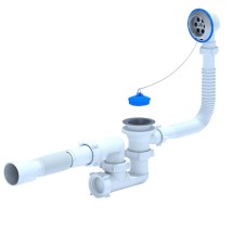 Сифон для ванны АНИ Пласт Е255 - 1&quot;1/2 регулируемый, с выпуском и переливом,с гибкой трубой 40x50 — 