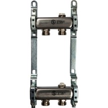 Коллектор STOUT из нержавеющей стали для радиаторной разводки на 2 выхода — Коллектор для радиаторной разводки. Включает:
1 возвратный коллектор, сталь н/ж AISI 304L, с воздухоотводчиком;
1 напорный коллектор, сталь н/ж AISI 304L, с воздухоотводчиком;
2 цельнометаллических кронштейна;