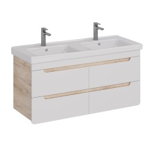 Тумба Lemark OLIVIA 125 см под 2 раковины, подвесная,4 ящика, цвет корпуса: Дуб кантри, цвет фасада: Белый глянец — 