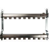 Коллектор STOUT из нержавеющей стали для радиаторной разводки на 9 выходов &mdash; Коллектор для радиаторной разводки. Включает:

1 возвратный коллектор, сталь н/ж AISI 304L, с воздухоотводчиком;
1 напорный коллектор, сталь н/ж AISI 304L, с воздухоотводчиком;
2 цельнометаллических кронштейна;