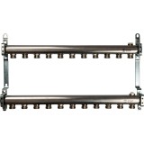 Коллектор STOUT из нержавеющей стали для радиаторной разводки на 11 выходов &mdash; Коллектор для радиаторной разводки. Включает:

1 возвратный коллектор, сталь н/ж AISI 304L, с воздухоотводчиком;
1 напорный коллектор, сталь н/ж AISI 304L, с воздухоотводчиком;
2 цельнометаллических кронштейна;