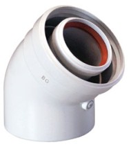 Коаксиальный отвод Baxi 45° 60/100 мм — Используется для промежуточных участков со всеми неконденсационными котлами.
При использовании в качестве начального участка необходимо заказать KHG714101910.