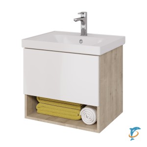 Тумба с раковиной Dreja PERFECTO 60 подвесная, дуб эврика, белый глянец  (99.0811+641587)