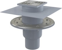 Сливной трап прямой AlcaPlast APV2324 — Сливной трап 105 × 105/50/75, подводка – прямая, решетка – нержавеющая сталь, фланец –нержавеющая сталь, воротник – 2–х уровневая изоляция, гидрозатвор – комбинированный гидрозатвор SMART