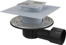 Сливной трап боковой AlcaPlast APV3344 — Сливной трап 105 × 105/50/75, подводка – боковая, решетка – нержавеющая сталь, фланец –нержавеющая сталь, воротник – 2–х уровневая изоляция, гидрозатвор – сухой и мокрый