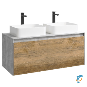 Тумба с раковиной Aqwella 5 Stars Mobi 120 подвесная, бетон светлый, дуб балтийский (раковина Олимпия 560)  (MOB0112BS+MOB0712DB+4640021064269)