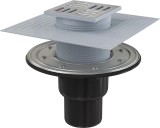Сливной трап прямой AlcaPlast APV4344 — Сливной трап 105 × 105/50/75, подводка – прямая, решетка – нержавеющая сталь, фланец –нержавеющая сталь, воротник – 2–х уровневая изоляция, гидрозатвор – сухой и мокрый