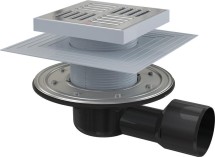 Сливной трап боковой AlcaPlast APV3444 — Сливной трап 150 × 150/50/75, подводка – боковая, решетка – нержавеющая сталь, фланец –нержавеющая сталь, воротник – 2–х уровневая изоляция, гидрозатвор – сухой и мокрый