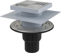 Сливной трап прямой AlcaPlast APV4444 — Сливной трап 150 × 150/50/75, подводка – прямая, решетка – нержавеющая сталь, фланец –нержавеющая сталь, воротник – 2–х уровневая изоляция, гидрозатвор – сухой и мокрый