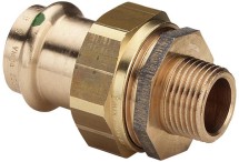 Разъёмное соединение d22x1''с переходом на наружную резьбу под пресс Viega с плоским уплотнением, бронза, модель 2265  — 